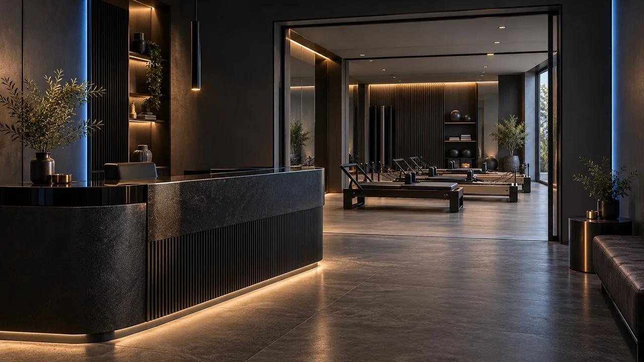 Concept illustration of a contemporary movement studio reception and exercise space.
